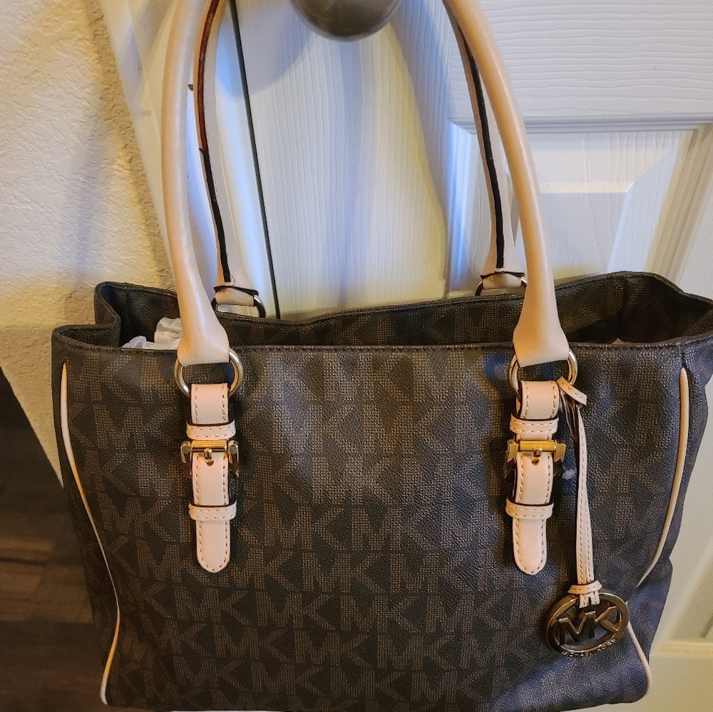 Michael Kors Brown and Tan Monogrammed Tote with Gold Hardware